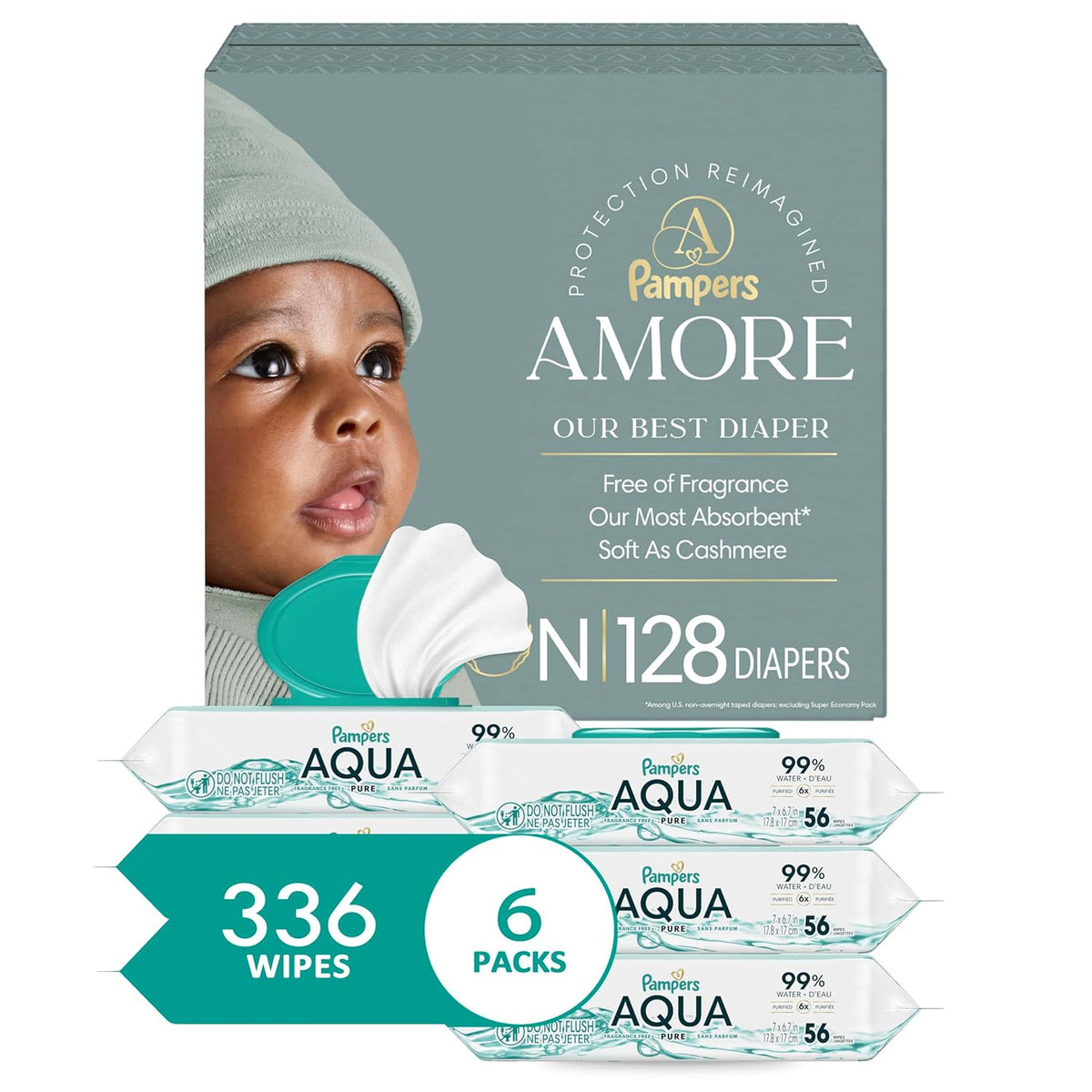 Bundle of Pampers Amore, Size 0 (up to 10 lbs), 128 Count, Our Best Diaper + Pampers Aqua Pure Baby Wipes, 99% Water, Fragrance Free, 336 Baby Wipes Total (6X Flip-Top Packs) [Packaging May Vary]