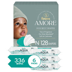 Bundle of Pampers Amore, Size 0 (up to 10 lbs), 128 Count, Our Best Diaper + Pampers Aqua Pure Baby Wipes, 99% Water, Fragrance Free, 336 Baby Wipes Total (6X Flip-Top Packs) [Packaging May Vary]