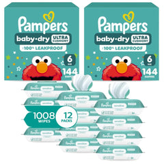 Pampers Baby Dry Disposable Baby Diapers Size 6, 2 Month Supply (2 x 144 Count) with Sensitive Water Based Baby Wipes 12X Multi Pack Pop-Top and Refill (1008 Count)
