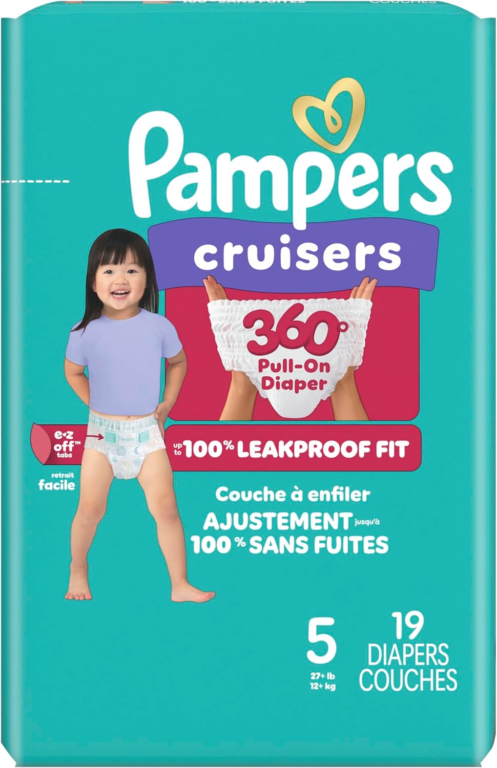 Pampers Diapers - Cruisers 360 - Size 5, 19 Count, Babyproof up to 100% Leakproof Pull-On Diaper (Packaging May Vary)