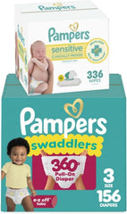Pampers Swaddlers 360 Pull-On Diapers, Size 3, 156 Count, with Sensitive Baby Wipes, 4 Flip-Top Packs (336 Wipes Total) [Packaging May Vary]