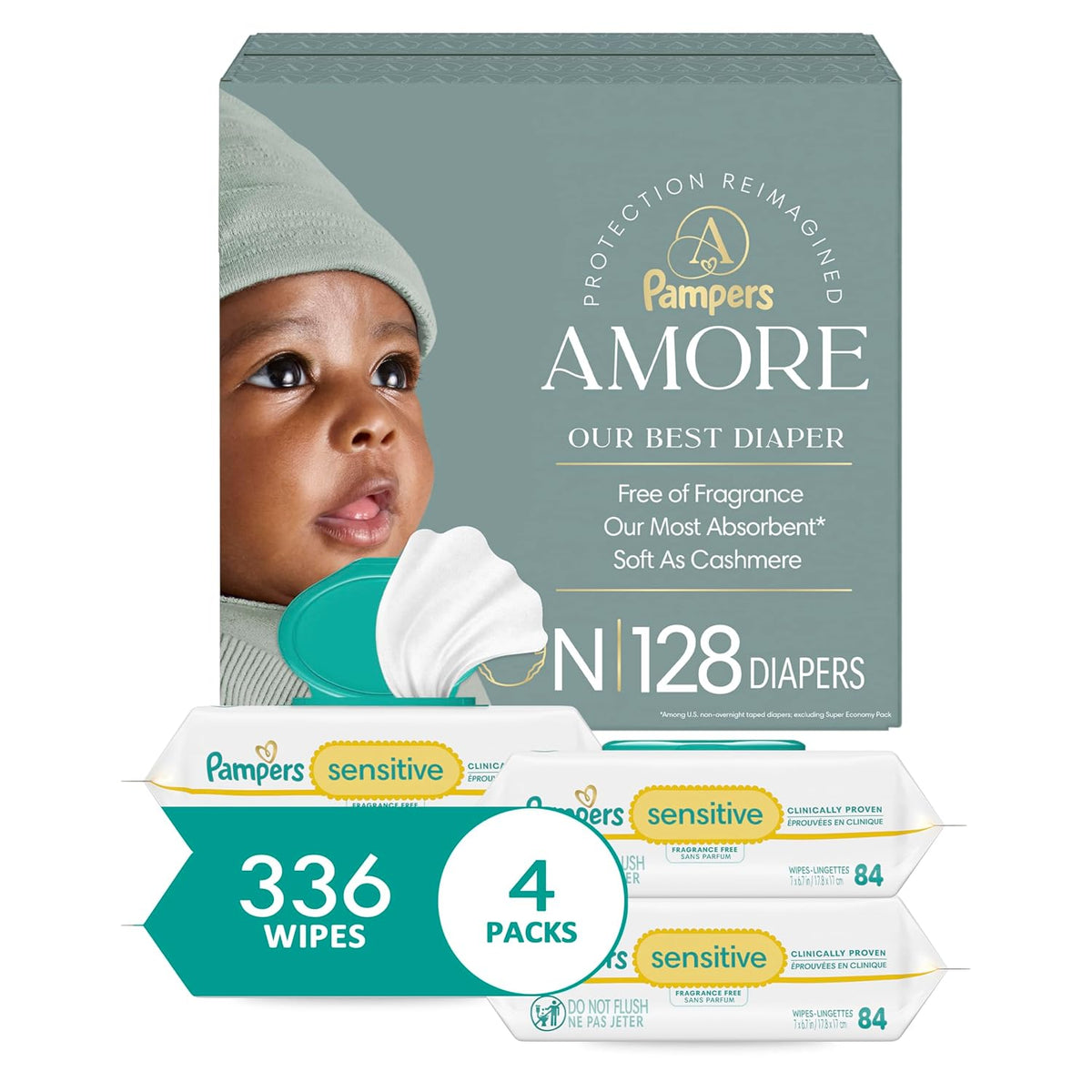 Pampers Amore, Size 0 (up to 10 lbs), 128 Count + Pampers Baby Wipes, Sensitive, Water Based Wipe, Clinically Proven, Hypoallergenic, and Unscented for Babies, 336 Wipes Total (4 Flip-Top Packs)