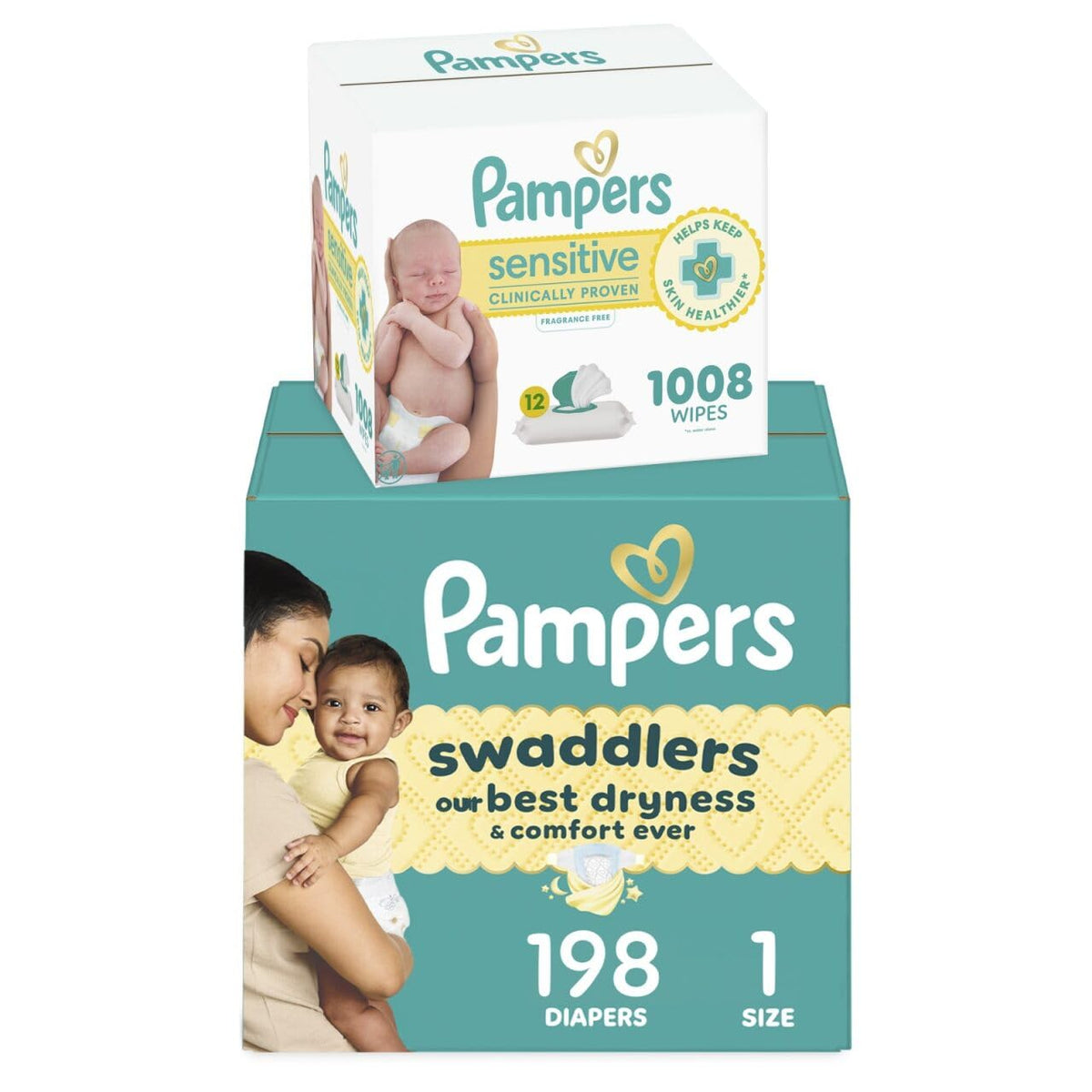 Pampers Swaddlers Disposable Baby Diapers Size 1, 198 Count with Sensitive Water Based Baby Wipes 12 Flip-Top Packs (1008 Wipes Total)