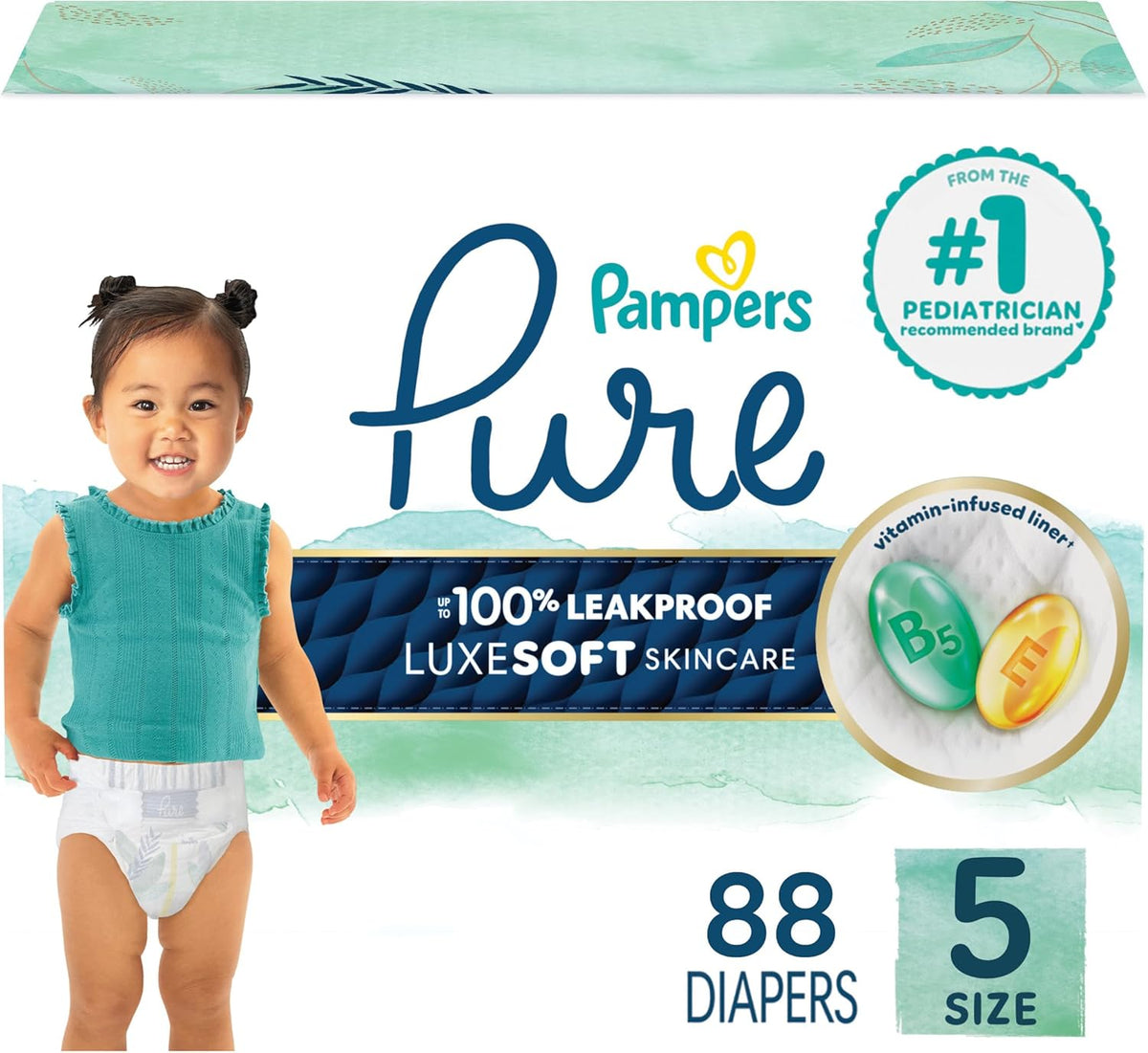 Pampers Pure Baby Diapers, Size 5 (27+ lbs), 88, Up to 100% Leakproof, Premium Hypoallergenic Soft Diapers