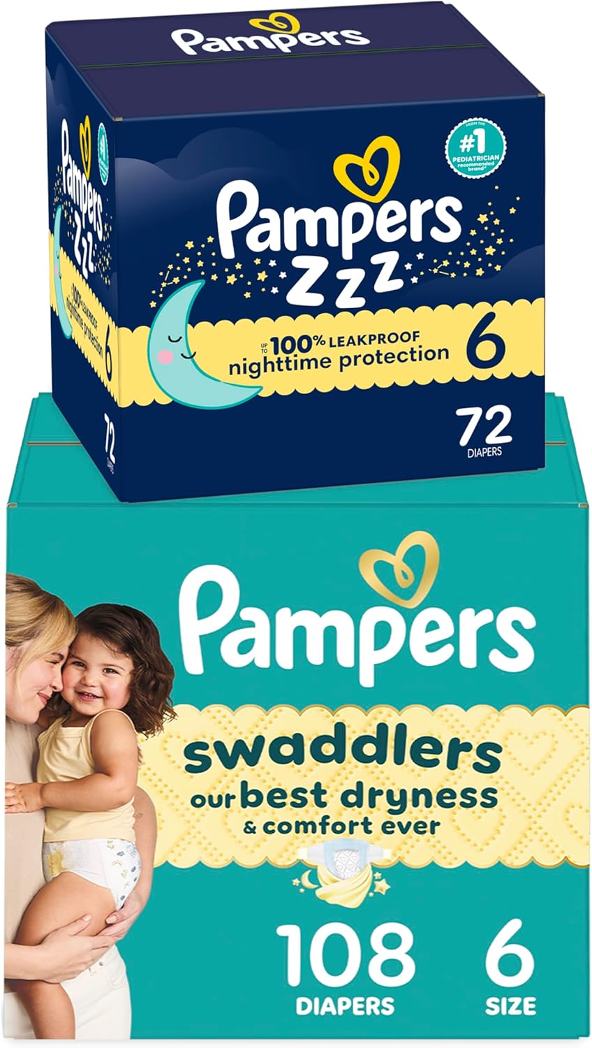 Bundle of Pampers Swaddlers Diapers, Size 6 (23-44 lbs), 108 Count, Absorbent, Pampers ZZZ Overnight Diapers, Size 5 (27+ lbs), 88 Count, Nighttime Protection Disposable Baby Diaper