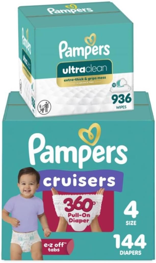 Pampers Pull On Cruisers 360° Fit Disposable Baby Diapers Size 4, 144 Count with Free & Gentle Baby Wipes 12 Flip-Top Packs (936 Wipes Total)