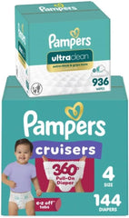 Pampers Pull On Cruisers 360° Fit Disposable Baby Diapers Size 4, 144 Count with Free & Gentle Baby Wipes 12 Flip-Top Packs (936 Wipes Total)