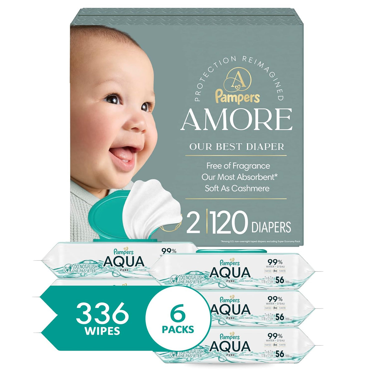 Bundle of Pampers Amore, Size 2 (10-22 lbs), 120 Count, Our Best Diaper + Pampers Aqua Pure Baby Wipes, 99% Water, Fragrance Free, 336 Baby Wipes Total (6X Flip-Top Packs) [Packaging May Vary]