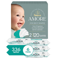 Bundle of Pampers Amore, Size 2 (10-22 lbs), 120 Count, Our Best Diaper + Pampers Aqua Pure Baby Wipes, 99% Water, Fragrance Free, 336 Baby Wipes Total (6X Flip-Top Packs) [Packaging May Vary]