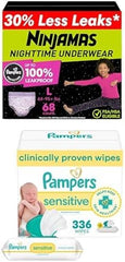 Ninjamas Girls Nighttime Underwear, Size L (64-95+ lbs), 68 Count, Overnight Underwear + Pampers Wipes, Sensitive, Water Based Wipe, Hypoallergenic, and Unscented, 336 Wipes Total (4 Flip-Top Packs)