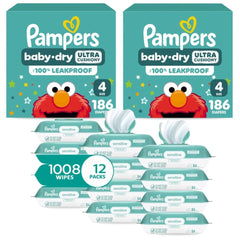 Pampers Baby Dry Disposable Baby Diapers Size 4, 2 Month Supply (2 x 186 Count) with Sensitive Water Based Baby Wipes 12X Multi Pack Pop-Top and Refill (1008 Count)