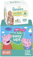 Pampers Easy Ups Pull On Training Pants Peppa Pig, 3T-4T, One Month Supply (124 Count) with Sensitive Water Based Baby Wipes 4X Pop-Top Packs (336 Count)