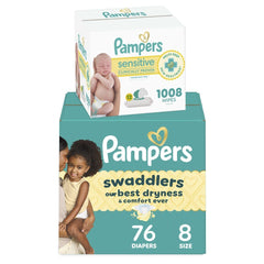Pampers Swaddlers Disposable Baby Diapers Size 8, 76 Count with Sensitive Water Based Baby Wipes 12 Flip-Top Packs (1008 Wipes Total)